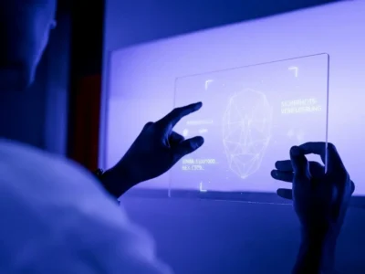 Person vor einem blauen holografischen Bildschirm mit einer schematischen Darstellung eines Gesichts als Symbol für KI in Neurowissenschaft und kognitiver Stimulation.