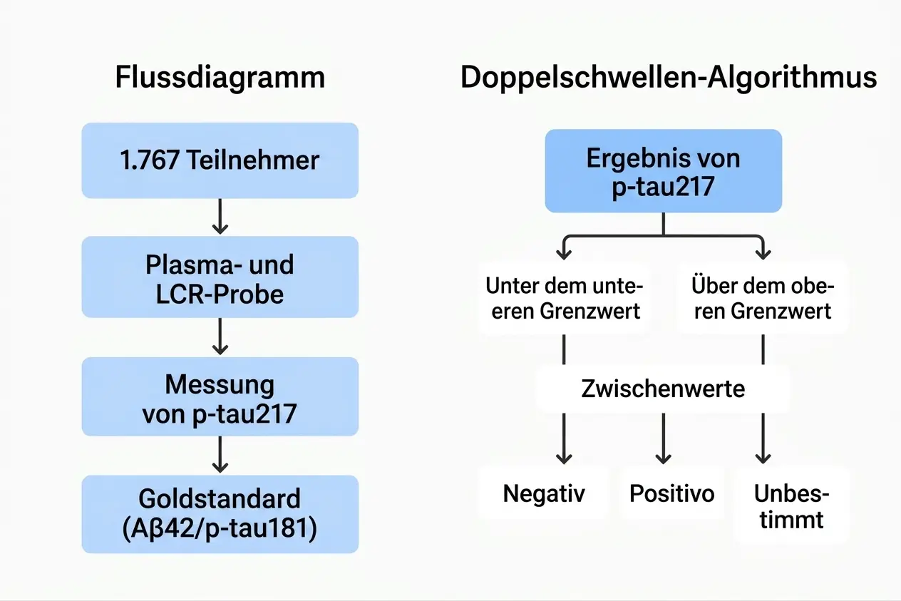 Flussdiagramm links mit 1.767 Teilnehmenden, Plasma und Liquor, p-tau217 und Goldstandard; rechts Algorithmus mit zwei Schwellenwerten.