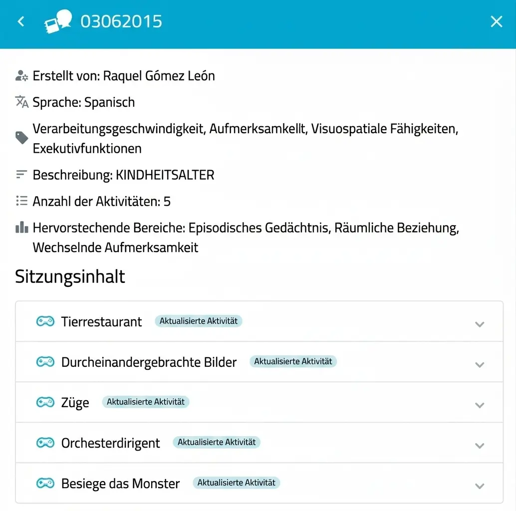 Aufnahme einer kognitiven Interventionssitzung bei Adrenoleukodystrophie: 03062015 und Aktivitäten wie Tierrestaurant.