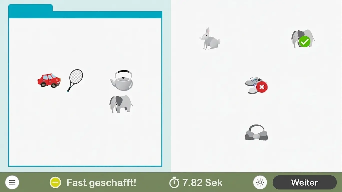 Bildschirm des NeuronUP-Spiels Such das Doppel mit Karten für Paare, Timer und Signalen für richtige und falsche Antworten.