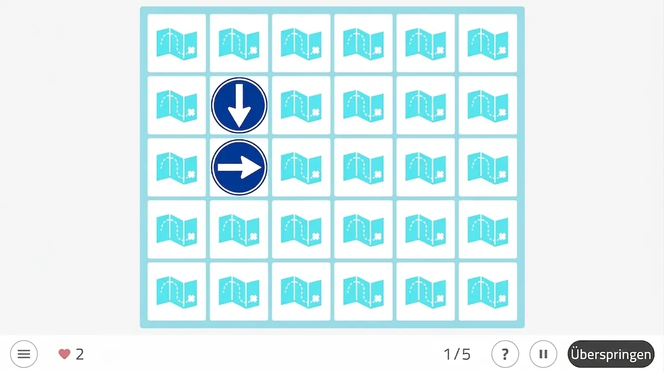 NeuronUP-Oberfläche von Finde die Sehenswürdigkeit: Karten- oder buchähnliche Symbole, blaue Pfeile in der Mitte, Fortschrittsanzeige und Überspringen.