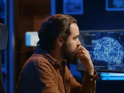 Bärtiger Mann vor einem Computer; auf dem blauen Bildschirm ist eine Gehirngrafik in einer modernen, technologischen Umgebung zu sehen.