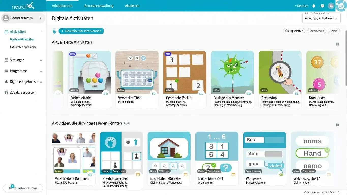 Bereiche der NeuronUP-Plattform