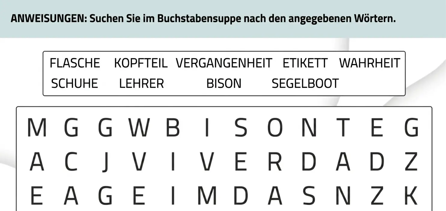 Buchstabensuppe mit der Marke NeuronUP, einer Wortliste und einem Buchstabenraster zum Training der Daueraufmerksamkeit.