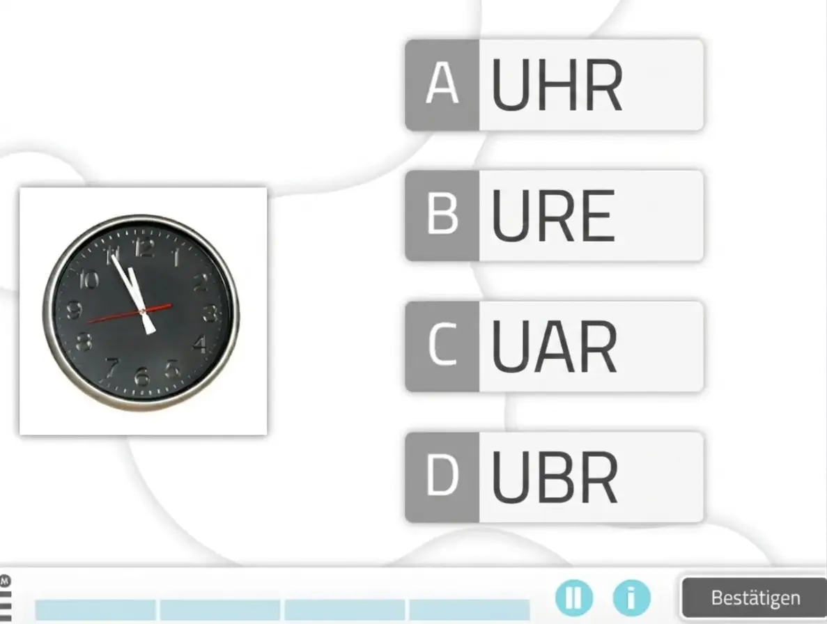 NeuronUP-Aktivität "Richtige Bezeichnung eines Bildes" Benutzeroberfläche eines Lernquiz mit einer Uhr vor dunklem Hintergrund und vier Wortoptionen; gefragt wird nach der richtigen Antwort ('RELOJ').