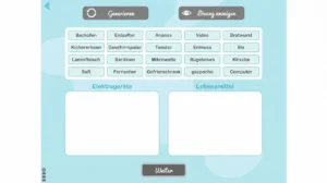 Benutzeroberfläche eines Generators für das semantische Gedächtnis von Kindern: die Bereiche „Elektrogeräte“ und „Lebensmittel“ mit den Optionen Allgemein und Lösung anzeigen.
