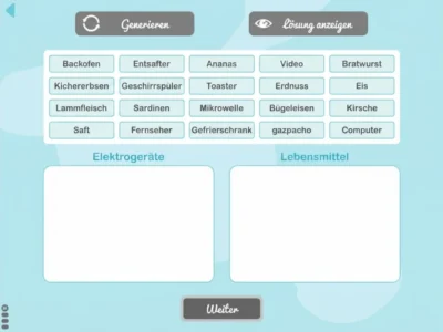 Benutzeroberfläche eines Generators für das semantische Gedächtnis von Kindern: die Bereiche „Elektrogeräte“ und „Lebensmittel“ mit den Optionen Allgemein und Lösung anzeigen.
