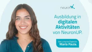 Junge lächelnde Frau wirbt für die Schulung zu digitalen Aktivitäten von NeuronUP; im Werbetext wird María Paula erwähnt.