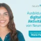 Junge lächelnde Frau wirbt für die Schulung zu digitalen Aktivitäten von NeuronUP; im Werbetext wird María Paula erwähnt.