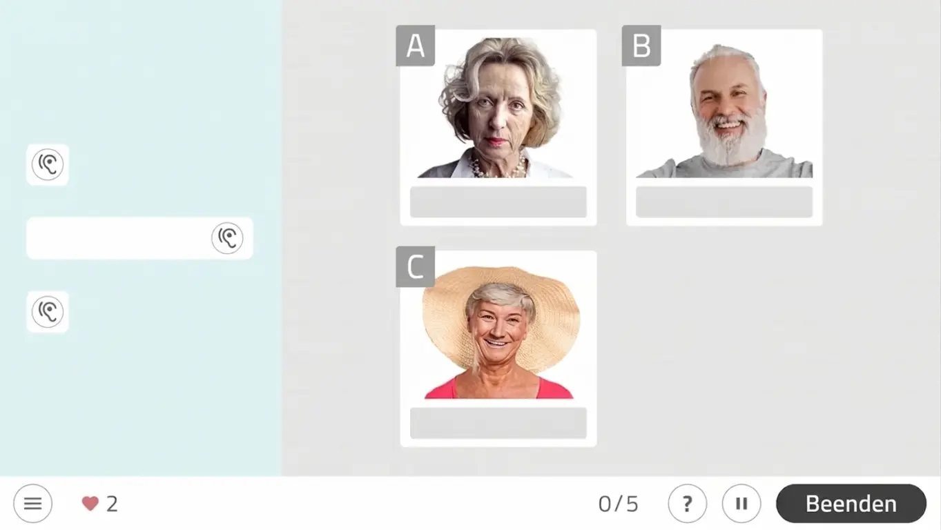 NeuronUP-Oberfläche mit den Bereichen A, B und C, jeweils mit Foto, interaktivem Bereich links und Schaltflächen zum Beenden.