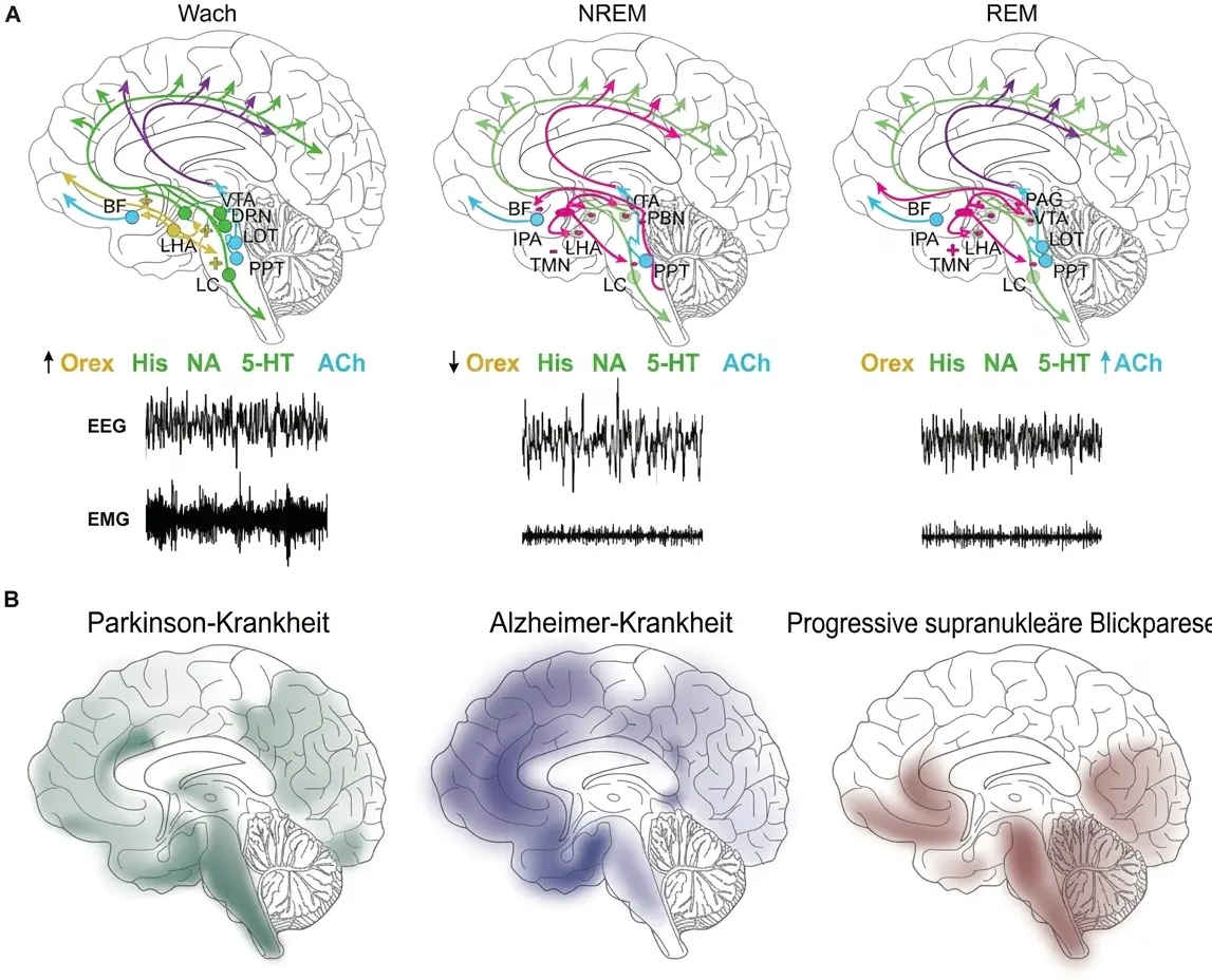 An der Regulation des Schlaf-Wach-Zyklus beteiligte neuronale Netzwerke und Verteilung der Pathologie bei verschiedenen neurodegenerativen Erkrankungen.
