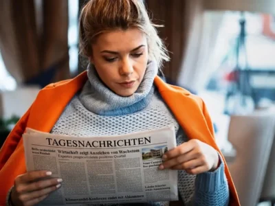 Frau mit orangefarbenem Mantel liest in einer warmen Umgebung bei sanfter Beleuchtung eine Zeitung.