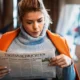 Frau mit orangefarbenem Mantel liest in einer warmen Umgebung bei sanfter Beleuchtung eine Zeitung.