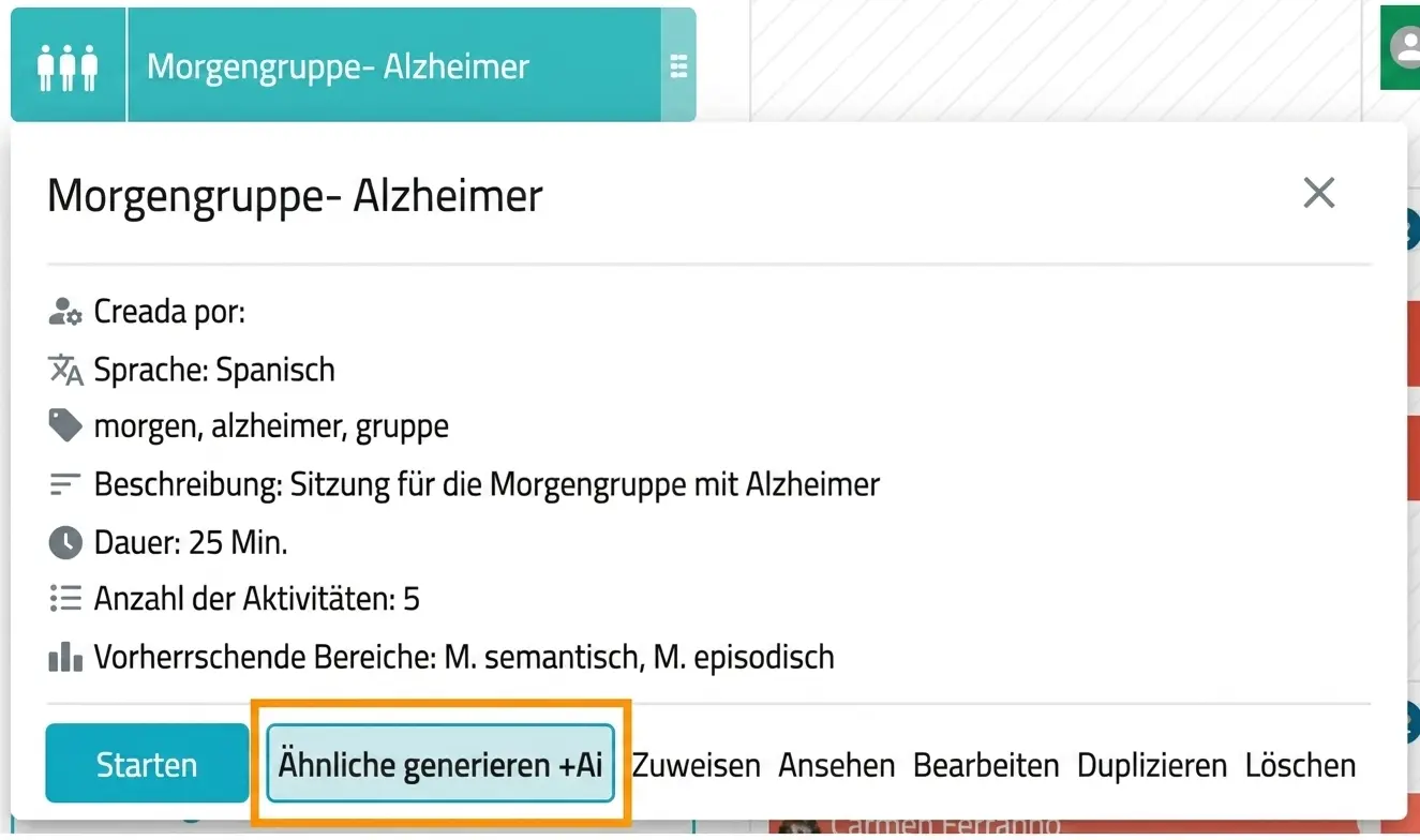 NeuronUP-Oberfläche zur Verwaltung von Evaluationsgruppen mit der Gruppe morgens – Alzheimer und der Schaltfläche Ähnliche erstellen.