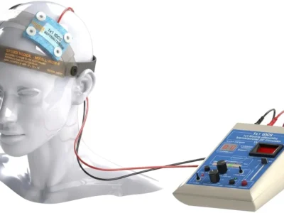Auswahl an Geräten zur neuronalen Stimulation von Soterix Medical mit sichtbaren Kabeln und Elektroden vor neutralem Hintergrund