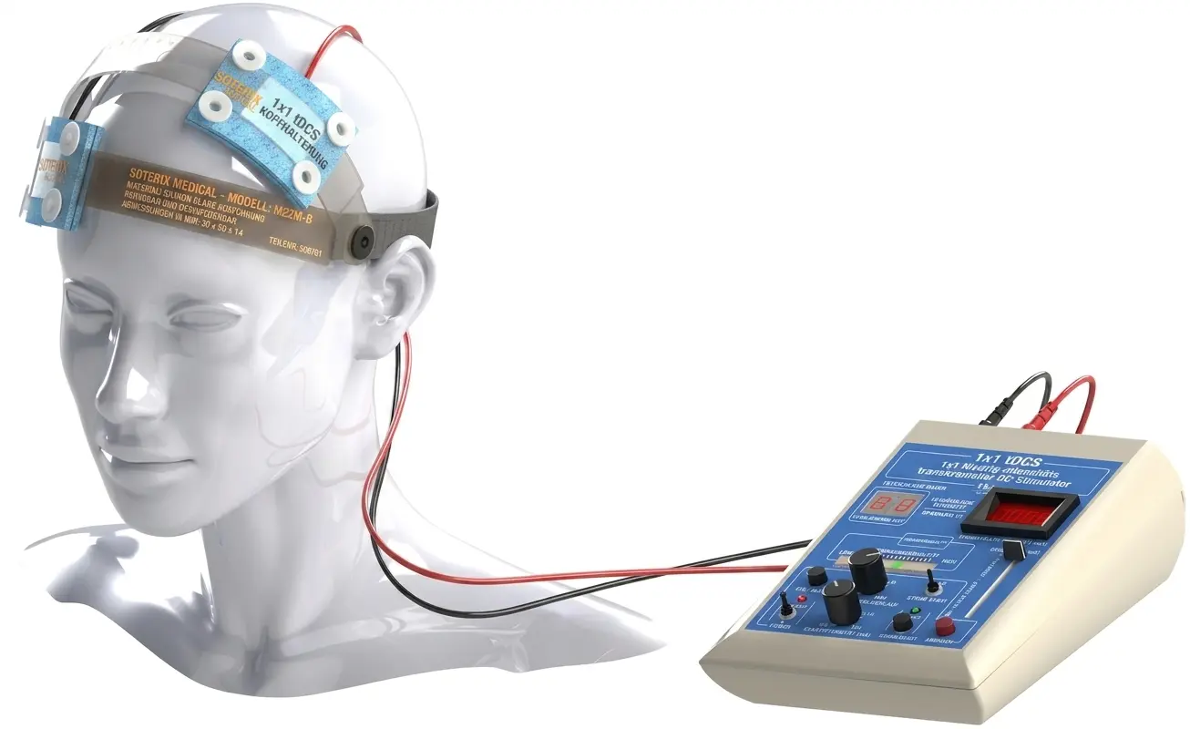 Auswahl an Geräten zur neuronalen Stimulation von Soterix Medical mit sichtbaren Kabeln und Elektroden vor neutralem Hintergrund