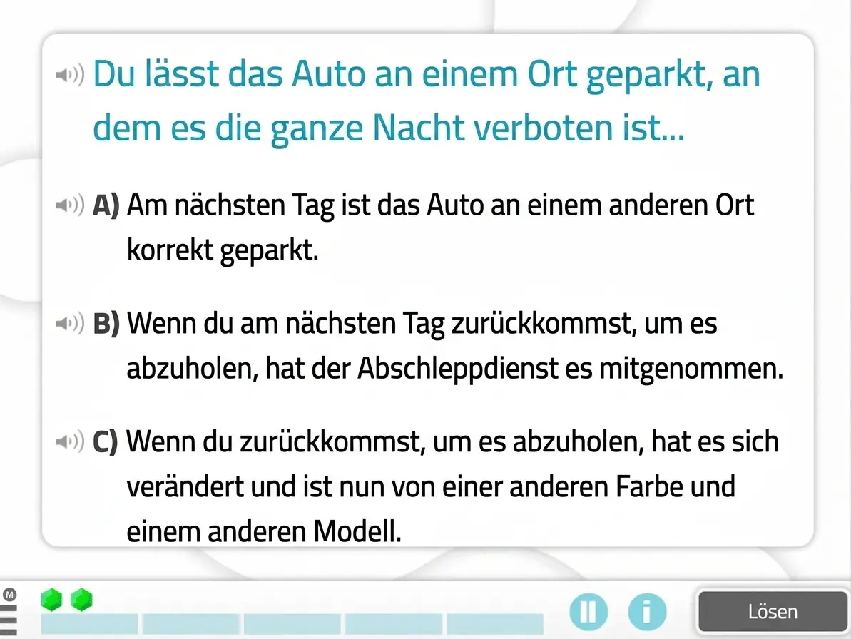 NeuronUP-Aktivität "Konsequenzen" Frage zum schlussfolgernden Denken: Ein Auto steht nachts an einem Halteverbot; drei Optionen zeigen mögliche Konsequenzen: anderer Ort, Abschleppdienst oder Änderung von Farbe und Modell.