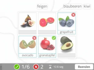 Ergotherapeutin leitet eine Spracheinheit in der Gruppe; auf dem Tisch NeuronUP und eine Aufgabe zur Zuordnung von Bildern mit Früchten, einige mit X.