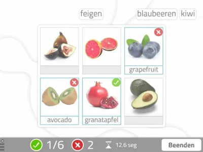 Ergotherapeutin leitet eine Spracheinheit in der Gruppe; auf dem Tisch NeuronUP und eine Aufgabe zur Zuordnung von Bildern mit Früchten, einige mit X.