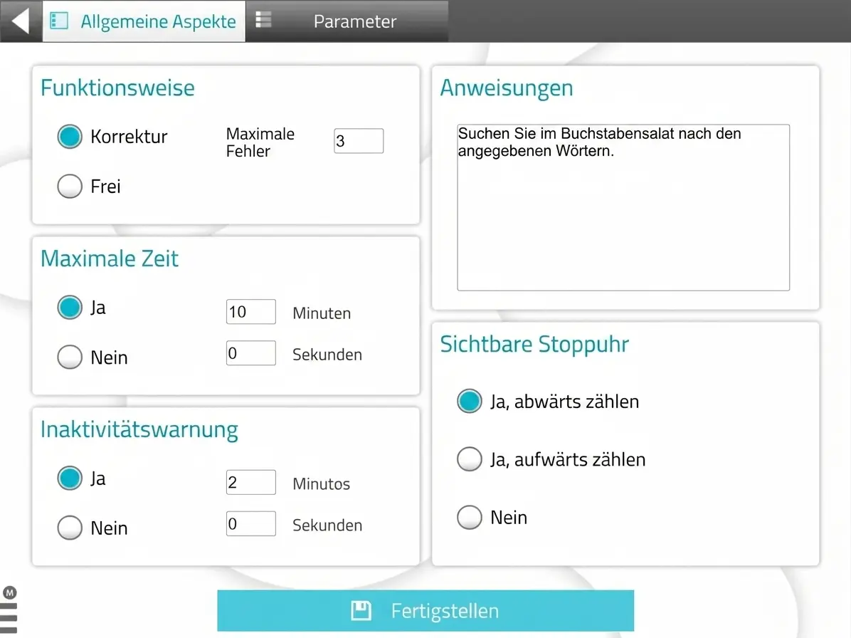 Konfigurationsoberfläche des Wortsuchrätsels: Allgemeines, Anweisungen, Korrektur, Zeit, Hinweise, Stoppuhr und Beenden.