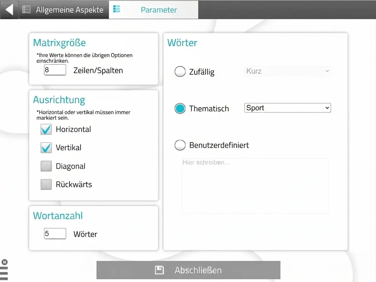 Oberfläche des Wortsuchrätsels: allgemeine Einstellungen, Rastergröße, Wortrichtung und Wortoptionen mit Schaltfläche Beenden.