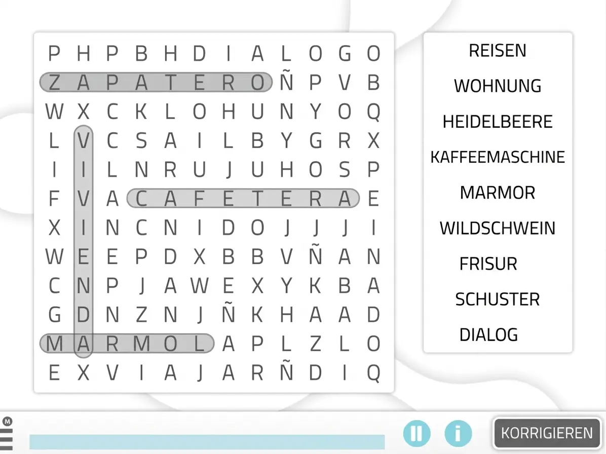 NeuronUP-Oberfläche des Wortsuchrätsels: versteckte Wörter und Liste rechts; Schaltflächen Korrigieren und Neustart.