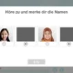 Spieloberfläche zum Training des episodischen Gedächtnisses für Kinder: zwei Porträts, Wiedergabesymbole und Option zum Anhören der Namen