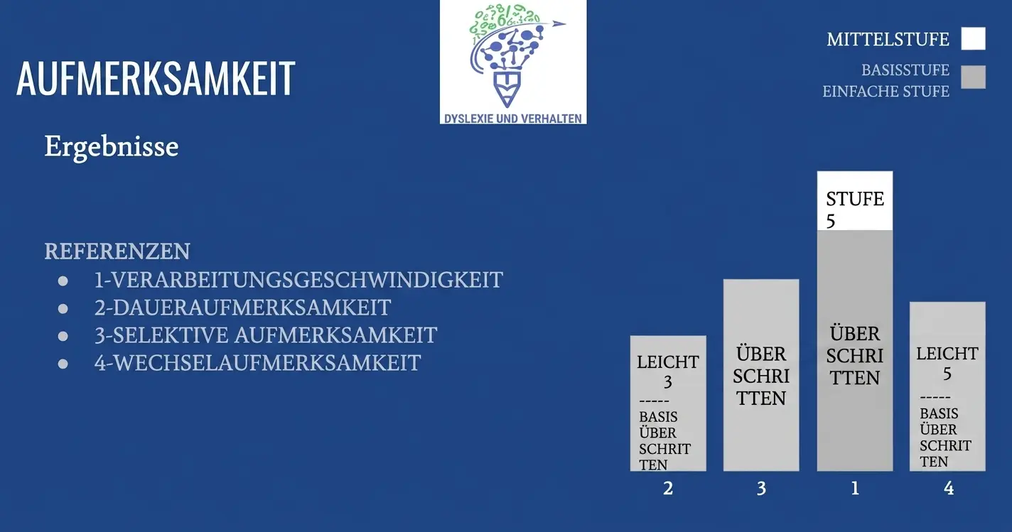 Aufmerksamkeitsgrafik aus der Neuropsychologie: grundlegende, mittlere und leichte Stufe sowie Leistungsbalken für Verarbeitung und Aufmerksamkeit.