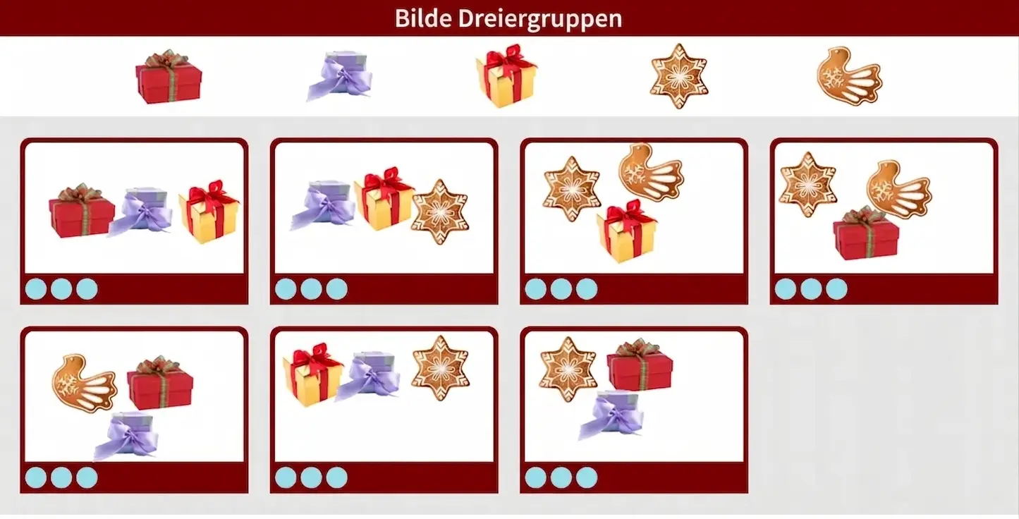 Zusammenstellung weihnachtlicher Karten zur kognitiven Stimulation mit verpackten Geschenken, dekorativen Figuren und Bereichen zum Sortieren.