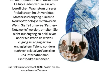 Gemeinsames Logo von UNIR Latam und NeuronUP auf einem Werbeflyer für eine Praktikumsvereinbarung zur Bildungskooperation in klinischer Neuropsychologie.