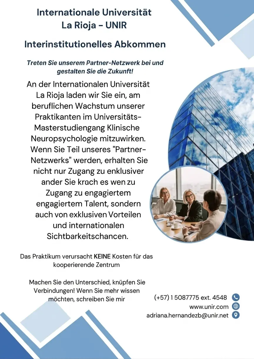 Gemeinsames Logo von UNIR Latam und NeuronUP auf einem Werbeflyer für eine Praktikumsvereinbarung zur Bildungskooperation in klinischer Neuropsychologie.