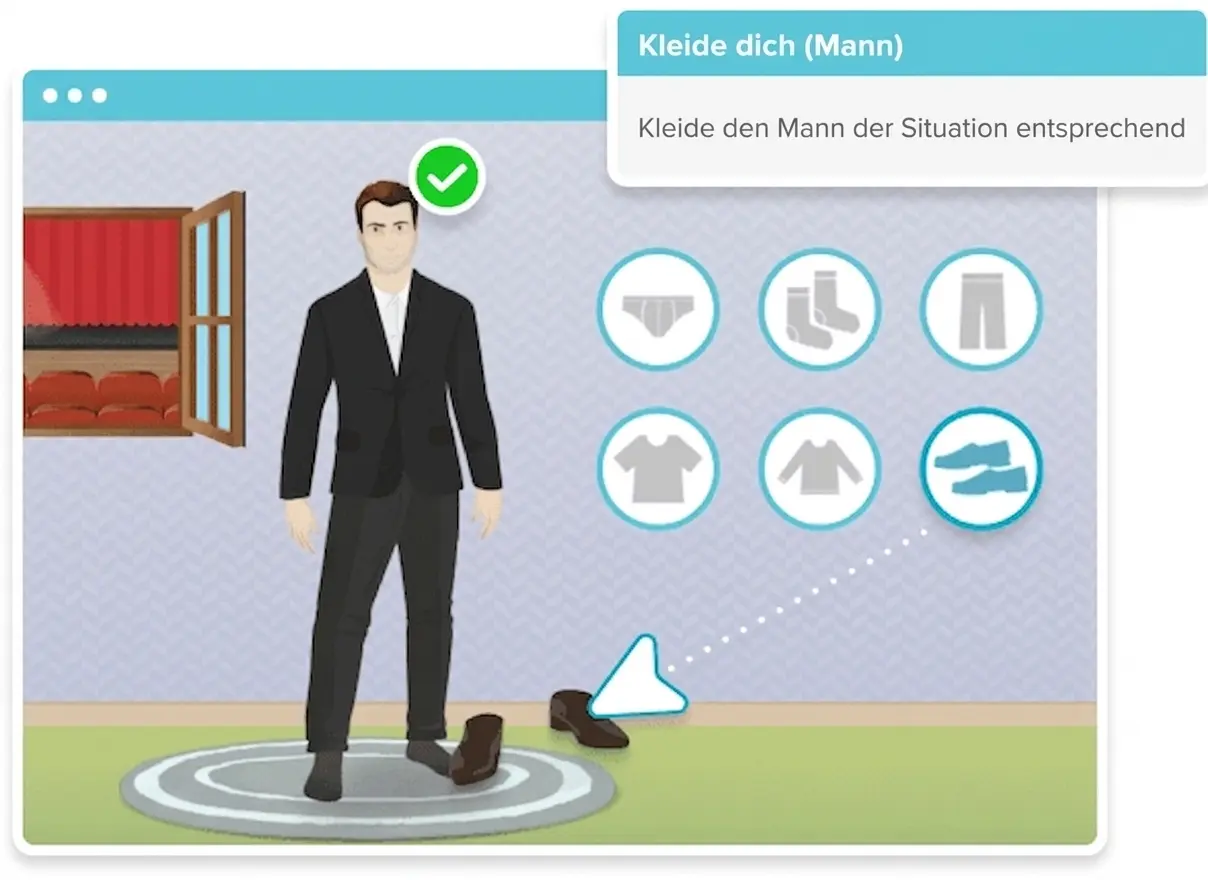 Grauhaariger Mann interagiert in einer NeuronUP-App zum Ankleiden mit Kleidungssymbolen und einer Landschaft im Hintergrund