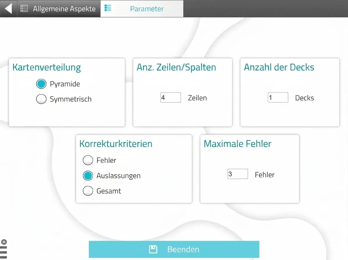Konfigurationsoberfläche einer Kartenaktivität: Pyramide oder symmetrisch, 4 Reihen, 1 Kartenstapel, Kriterien.