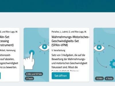 Benutzeroberfläche von NeuronUP Assessment mit dem Bereich Diagnostik und Batterien wie Allgemeine SPAIn, SPAIn-VPM und Arbeitsgedächtnis sowie einer Anzeige.