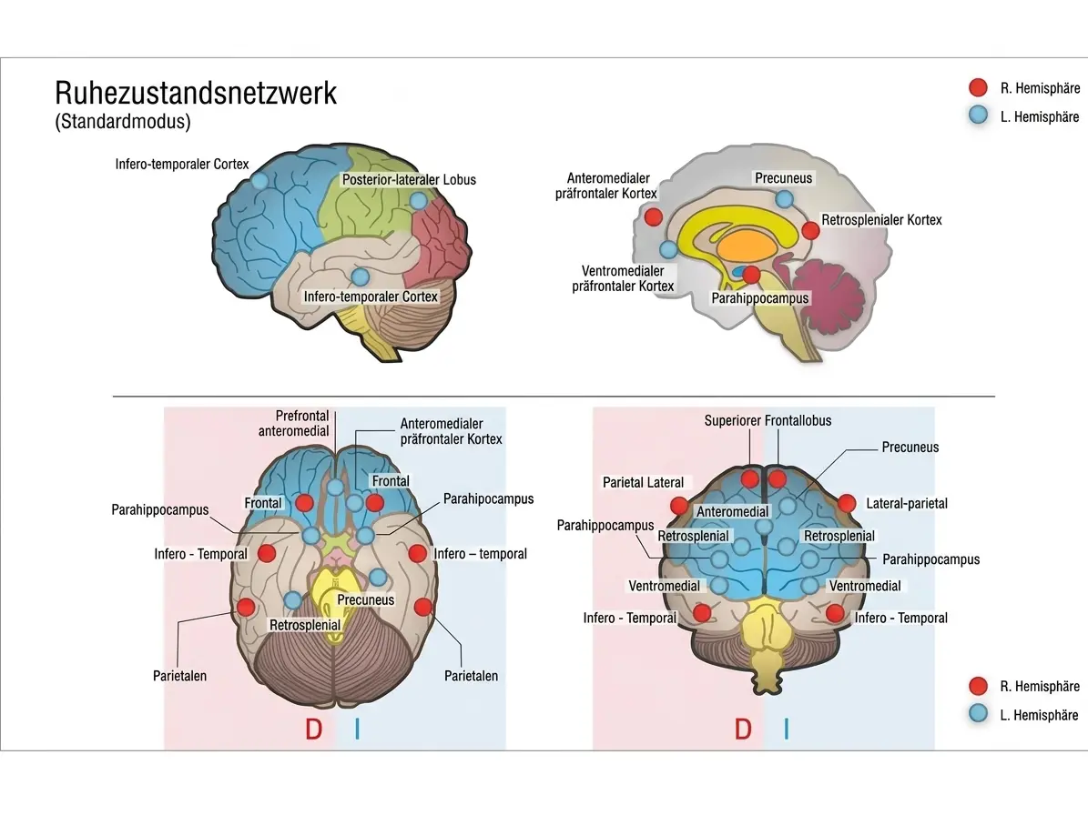 Diagramm des Ruhezustandsnetzwerks des Gehirns in seitlicher und oberer Ansicht mit Frontal-, Parietal-, Temporal- und Okzipitallappen.