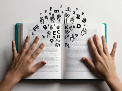 Offenes Buch, das von zwei Händen gehalten wird; Buchstaben und Symbole treten in einer Grafik aus dem Inneren hervor und veranschaulichen Dyslexie.