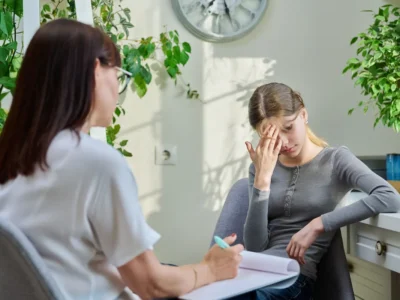 Zwei Personen in einer Neurorehabilitationssitzung: Eine Frau macht sich Notizen, während eine junge Frau in therapeutischer Umgebung besorgt wirkt.