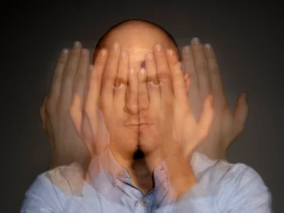 Mann mit rasiertem Kopf und ernstem Gesichtsausdruck, bewegte Hände verschwommen, dunkler Hintergrund, der die Szene hervorhebt.