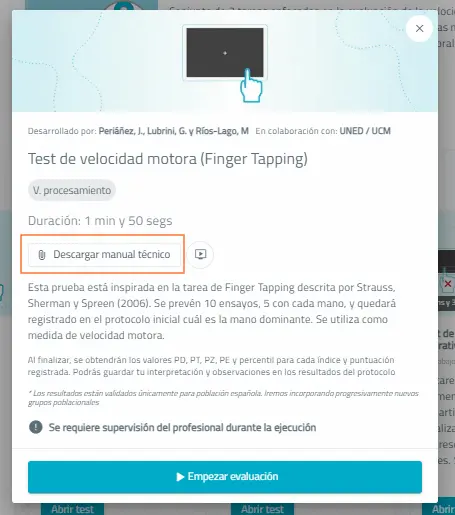 Weboberfläche von Finger Tap für NeuronUP Assessment mit Dauer 1:50, Schaltfläche zum Herunterladen des technischen Handbuchs und Hinweis zur Supervision.