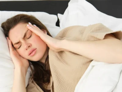 Junge Frau ist in einem dunklen Zimmer wach im Bett und blickt zur Decke – ein Symbol für Schlaflosigkeit.