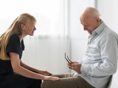Junge Pflegeperson unterhält sich in einer hellen Umgebung mit einer älteren Person mit Demenz und unterstützt die Interaktion durch Gesten.