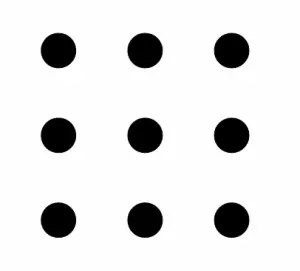 3x3-Raster aus neun Punkten mit einer Linienführung, die sie verbindet und auf das Neun-Punkte-Problem verweist.
