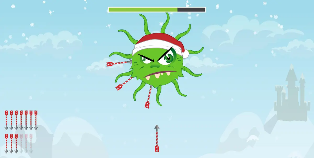 Weihnachtliche Illustration mit Grinch, Geschenken und Dekorationen; Figur mit Mütze, Pfeilen und Leiste vor einer verschneiten Burg.