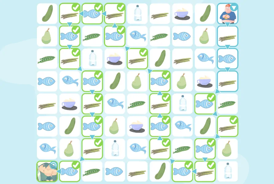 Grille de symboles et de mots avec poissons, poires, concombres et bouteilles ; coche verte, silhouette humaine et cochon visibles.