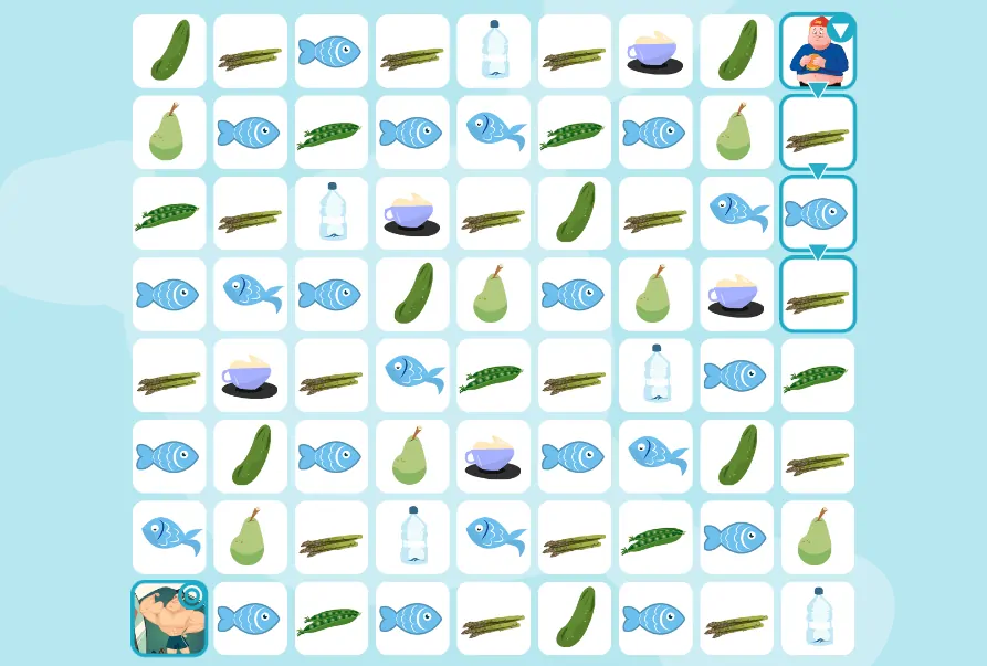 Grille 6x6 avec icônes (poissons, bouteilles, concombres et cruches) et une silhouette humaine en haut ; fond bleu clair.