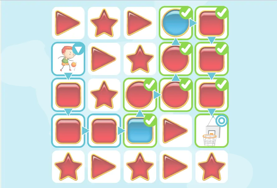Grille de jeu avec formes rouges (triangles et cercles) et étoiles ; case marquée d'une coche verte et un enfant avec une balle près d'un panier.