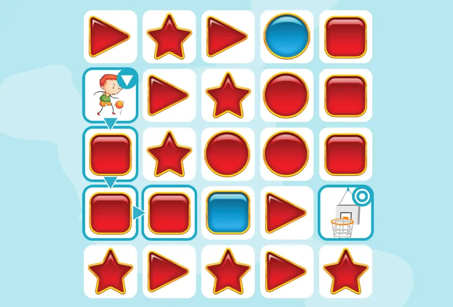 Plateau de jeu avec grille, formes rouges (triangles et étoiles) et cercles bleus ; personnage tient une balle et un panier pour trier. Fond bleu clair.
