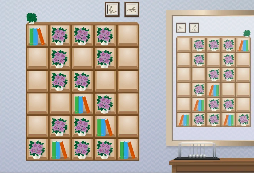 Étagère en bois avec compartiments : livres de couleurs bleu, orange et rouge, plantes violettes, miroir à droite et deux cadres en haut.