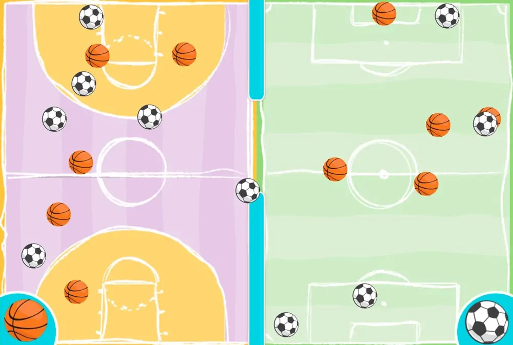 Design bifacial divisé : terrain de basket jaune et terrain de football vert, avec des ballons orange et blancs.