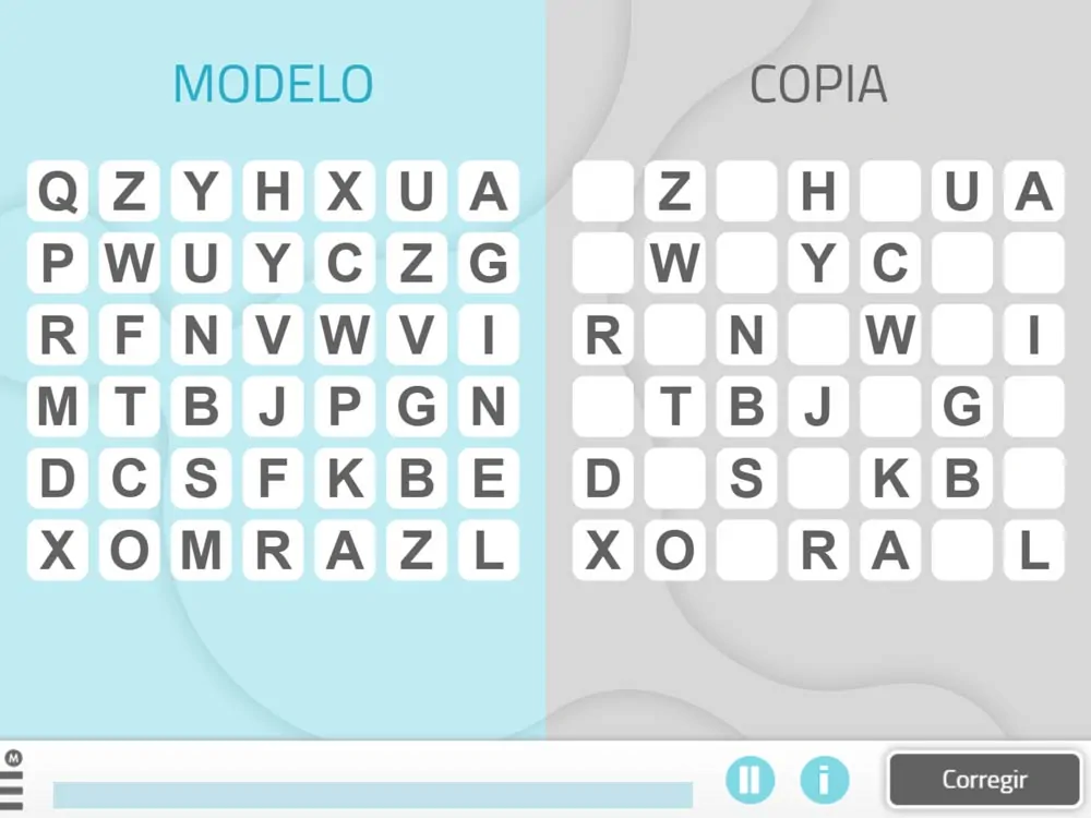 Interface d'exercice visuel de comparaison des lettres: MODELE et COPIE en grille, avec le bouton Corriger, pour démence.